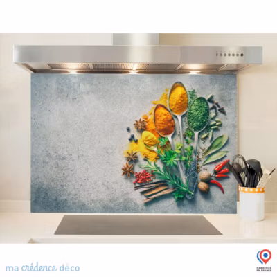 Crédence cuisine fond de hotte Epices et cuillères 1 – Verre trempé – L 60 cm x H 45 cm – MaCrédenceDéco