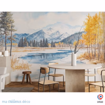 Papier peint Sapin, lac et montagnes enneigées, Aquarelle – Intissé – 200 cm – 280 cm – MaCrédenceDéco