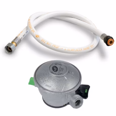 Pack tuyau gaz souple 1.50 m + Détendeur Butane à clipser Quick-On Valve Diam 27mm BUTAGAZ