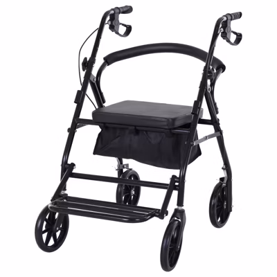 Déambulateur 4 roues pliable – assise dossier rembourré  – poignées ergonomiques, freins à main – panier – cale-pied – métal noir