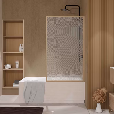 Pare baignoire pivotant 140×80 cm HINATA – style Japandi courbes douces Cadre effet bois – Verre 5mm