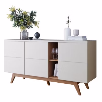 Buffet Bas 3 Portes 7 Niches Blanc et Chêne 5 Pieds Bois L 160 H 80.2 P 44.5 cm – L 160 x l 44.5 x H 80.2 cm