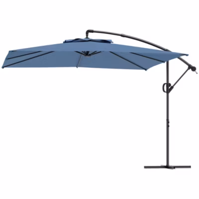 Parasol déporté carré 3 x 3 m réglable piètement croix manivelle tissu haute densité 180g/m² UPF50+ bleu