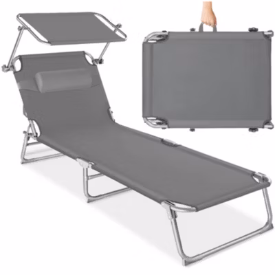 Transat en acier pliant gris dossier 4 positions appuie tete amovible pare-soleil 68x161x111 cm