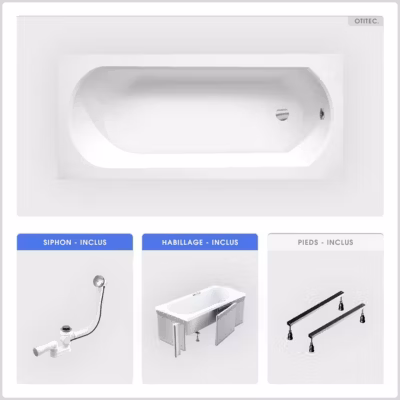 Baignoire rectangulaire – 170 x 75 cm – avec Habillage (4 cm) – Pieds – Vidage Chrome – INTRICA SLIM