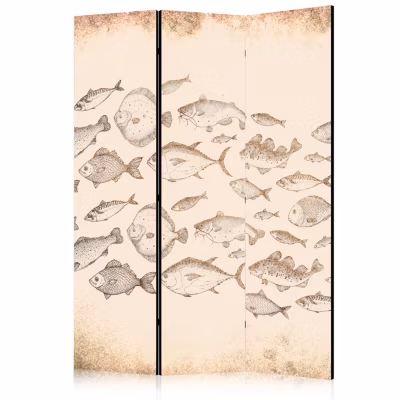 Paravent -Croquis de diverses espèces de poissonsbeige dans un style vintage