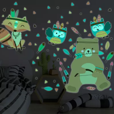 Sticker phosphorescent lumineux – OURSON ET LES ANIMAUX INDIENS – Autocollant mural plafond enfant fluorescent – 80x60cm