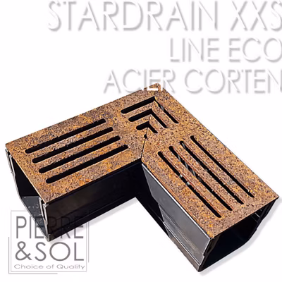 Caniveau XXS MINI L 6,5 cm Grille acier Corten – StarDrain – LINE ECO –       Élément d&rsquo;angle