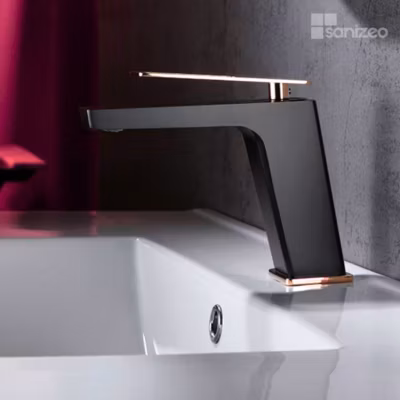 Mitigeur de Lavabo Anti-Calcaire Bec Bas Noir Mat et Or Rose Cuivré IMEX SUECIA BDC032-1NOR