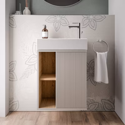 Meuble vasque Gris soie de salle de bain 55x24x59cm (LxPxH) 1 porte à droite + 2 cases rangement – BELDIVO