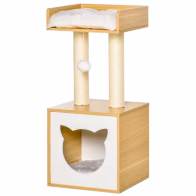 Arbre à chat 2 griffoirs niche entrée tête de chat plateforme observation balle coussins amovibles peluche aspect bois clair