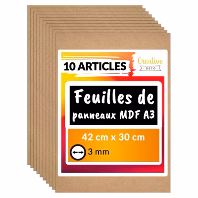 Creative Deco 10 x A3 Panneau MDF 420 x 300 x 3 mm – Planche Bois Brut – Idéal Bricolage, Découpe Laser, Gravure, Pyrogravure