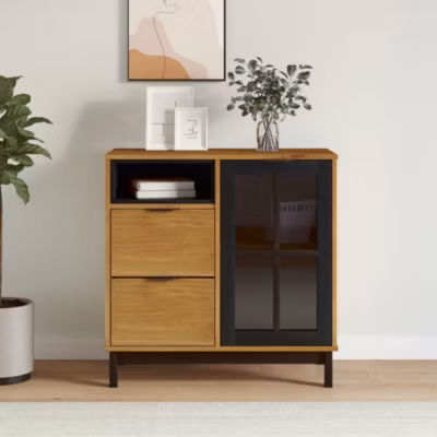 Buffet avec porte vitrée-Meuble de rangement FLAM 80x40x80 cm bois massif de pin