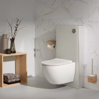 Pack WC suspendu gain de place bâti mural verre blanc + cuvette sans bride Corolla