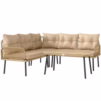 Ensemble salon de jardin d&rsquo;angle 5 places avec table basse et coussins beige résine tressée effet rotin
