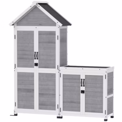 Ensemble armoire de jardin avec coffre extérieur assorti – 2 + 2 portes – 3 + 1 étagères – toit bitumé noir bois gris blanc