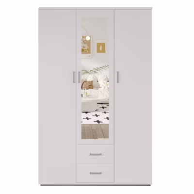 Armoire 3 portes avec miroir TOM  Dimensions H185 x L120 x P52 cm  Coloris blanc  Style design