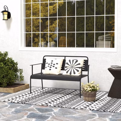Banc de Jardin Extérieur 2 Places avec Dossier Incliné et design Lamelles, Acier, Résistant aux Intempéries – Noir