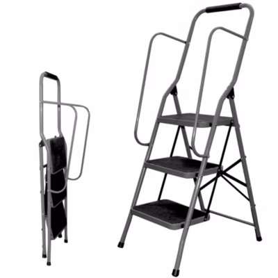 Escabeau pliable acier 3 marches FISHTEC Marches antiglisse garde-corps 150 kg