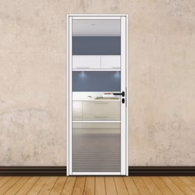 Porte battante blanche H 2040 x L 730 mm – 3 verres clairs horizontaux + béquille noire