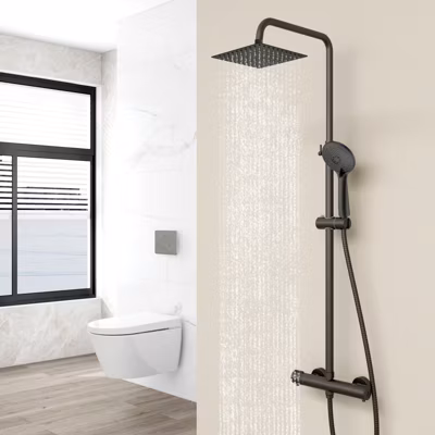 AICA colonne de douche thermostatique noir mat avec douche de tête carrée, réglable selon plusieurs modes, réglable en hauteur