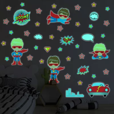 Sticker phosphorescent lumineux – SUPER-HÉROS – Autocollant mural plafond enfant fluorescent – 30x30cm
