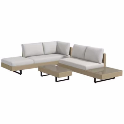Ensemble salon de jardin d&rsquo;angle 5 places design contemporain coussins déhoussables table basse acier époxy résine tressée beige