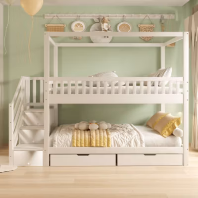 Lit superposé enfant 90×200 cm en bois massif blanc avec toit barrière sécurité échelle et rangement intégré