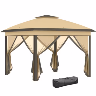 Tonnelle barnum automatique pop-up dim. 3,3L x 3,3l x 2,88H m moustiquaires sac transport métal oxford marron beige