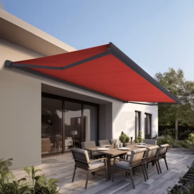 Store banne Coffre intégral PROTECT 2 LED Gris Anthracite 5×3,5m Motorisé à télécommande + Eclairage LED – Toile Rouge