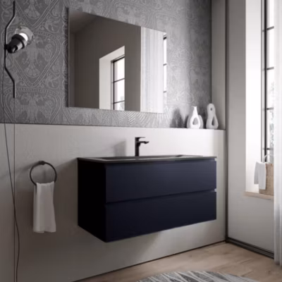 Meuble vasque suspendu MDF Bleu foncé mat, lavabo fonte Noir mat + trou robinet – 100x46x50cm – AVA BRUXELLES