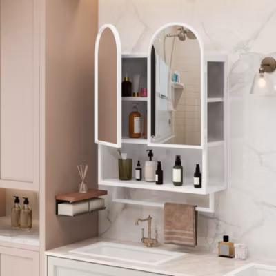 Armoire à Miroir Murale avec Rangement et Porte-Serviettes, Meuble de Bain, Fer et Verre, Blanc