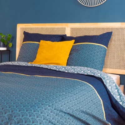 Parure de lit 240×220 cm collection JADE pur coton bleu 3 pièces