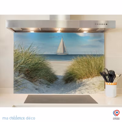 Crédence cuisine fond de hotte Dunes et plage mer – Verre trempé – L 70 cm x H 60 cm – MaCrédenceDéco