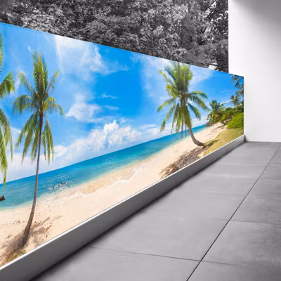 Brise vue Trompe l&rsquo;oeil – 120×450 cm – Plage mer palmiers 3617689694443