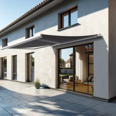 Store banne coffre MEEL 4,00×3,50m (Manuelle – Gris Graphite – Blanc)