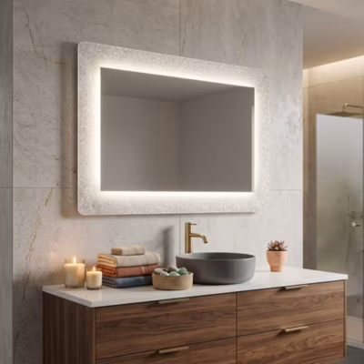 Miroir Avec Cadre Blanc En Verre Fusionné Et Granulat Rétro-Éclairé 90 X 62 Cm