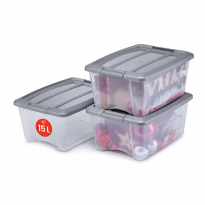 Iris Ohyama, Boites de Rangement Plastique avec Couvercle, 15L, Lot de 3, Argent, NTB-15
