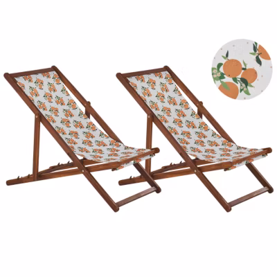 Lot de 2 chiliennes pliantes ANZIO avec tissus de remplacement Motif floral Acacia Marron foncé