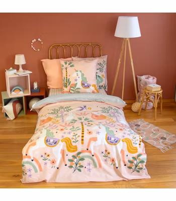 Parure de lit enfant Licorne – 140×200 cm + 1 taie – Coton 57 fils,cm² – 140x200cm – Rose