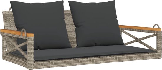 Banc à bascule Living Store en rotin PE Grijs – 109 x 62 x 40 cm – Avec Coussins confortables Banc à bascule – Banc de jardin – Balançoire d&rsquo;extérieur – Chaise de relaxation – Banc de salon – Banc de patio – Banc de balcon – Comfort