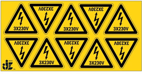 Autocollant d&rsquo;avertissement de tension électrique 3x230V – 5 cm – 10 pièces par feuille
