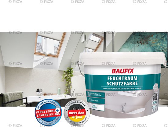 BAUFIX Peinture Murale Hydrofuge Salle de Bain & Cuisine – Latex Blanc Lavable – 2,5L – Pour Pièces Humides