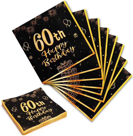 Anniversaire 60 serviettes 20 pièces or noir Happy Birthday – serviettes en papier – 33 cm x 33 cm – décoration d&rsquo;anniversaire – articles de fête – décoration de table – serviettes en papier