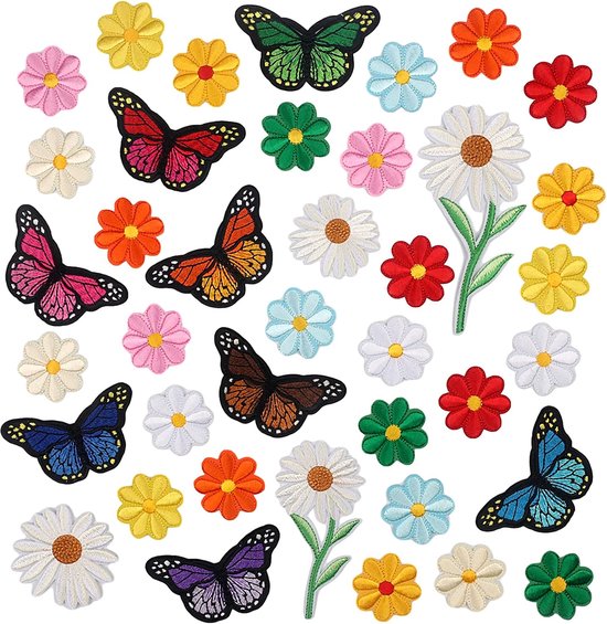 Applications brodées – Applications de fleurs brodées à repasser – Applications de papillons à repasser – Accessoires de vêtements DIY – Applications de couture – Convient aux vêtements, sacs, chapeaux, vestes, jeans, etc. – Ensemble de 39