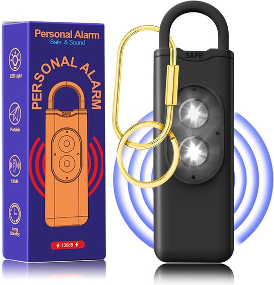 Alarme personnelle d&rsquo;urgence, alarme personnelle avec double lumière stroboscopique LED, coffre-fort portable avec sirène 130 dB, alarme d&rsquo;autodéfense avec porte-clés pour Étudiants, Enfants, femmes et Personnes âgées , Zwart – Cyslmuk®