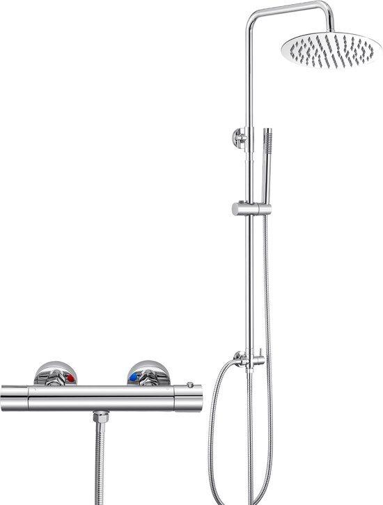 Auralum Max Douche de Pluie avec Robinet Thermostatique – Ensemble de Douche Chromé – Ensemble de Douche de Pluie en Inox – Pomme de Douche de 8 pouces – Douchette Design – Hauteur Réglable 72-110 cm – Économie d&rsquo;Eau