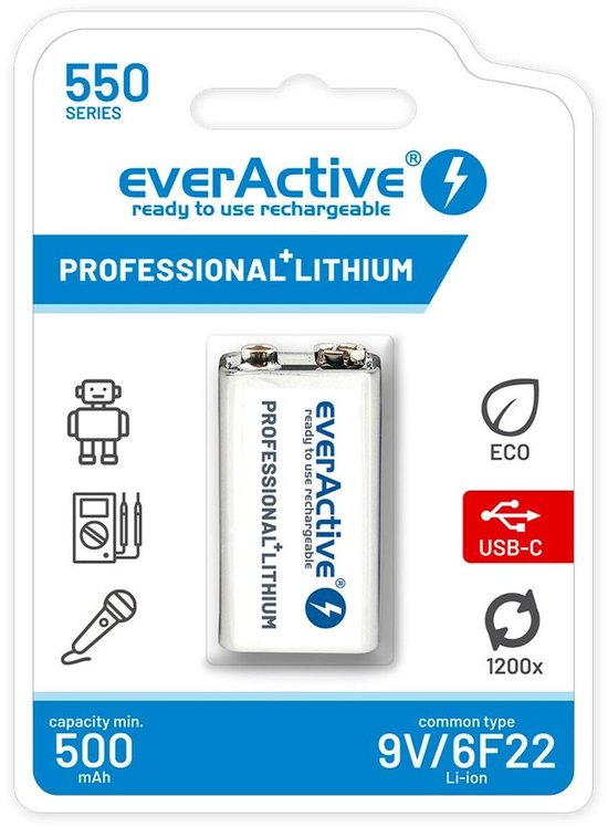 Batterie everActive 6F22/9V Li-ion 550 mAh avec USB TYPE C