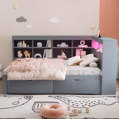 Lit 90×200 cm avec rangements intégrés, tête de lit LED multicolore et prise USB, bois, finition grise