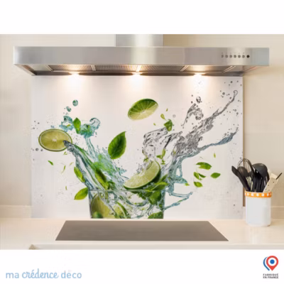 Crédence cuisine fond de hotte Splash, Citrons verts et menthe – Verre trempé – L 90 cm x H 70 cm – MaCrédenceDéco